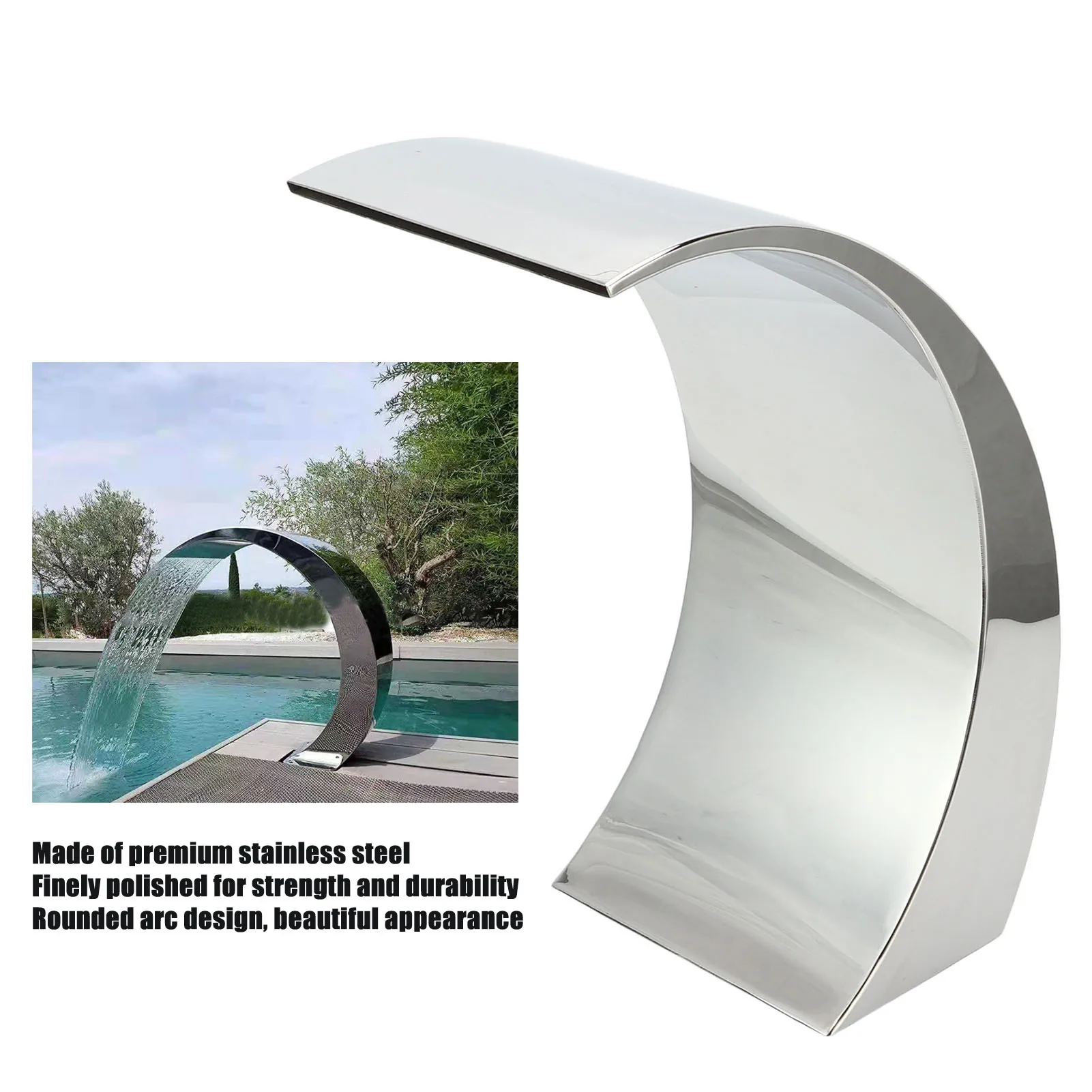 Salida de cascada para piscina G1 1/2, hilo femenino, diseño de arco redondeado, boquilla de fuente de agua de alta resistencia para piscina de acero inoxidable
