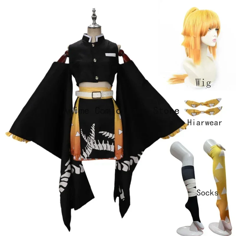 In Stock S-2XL Agatsuma Zenitsu Cosplay Famale Kimono Dress Wig  Anime Cute Japanese Uniform Halloween Party Outfit for Women