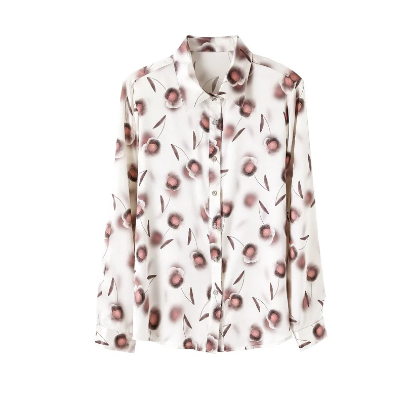 Birdtree-Blusa básica de seda de morera para mujer, Camisa estampada con cuello alto, 90% Spandex, 10%, otoño e invierno, T30301QC, 2023