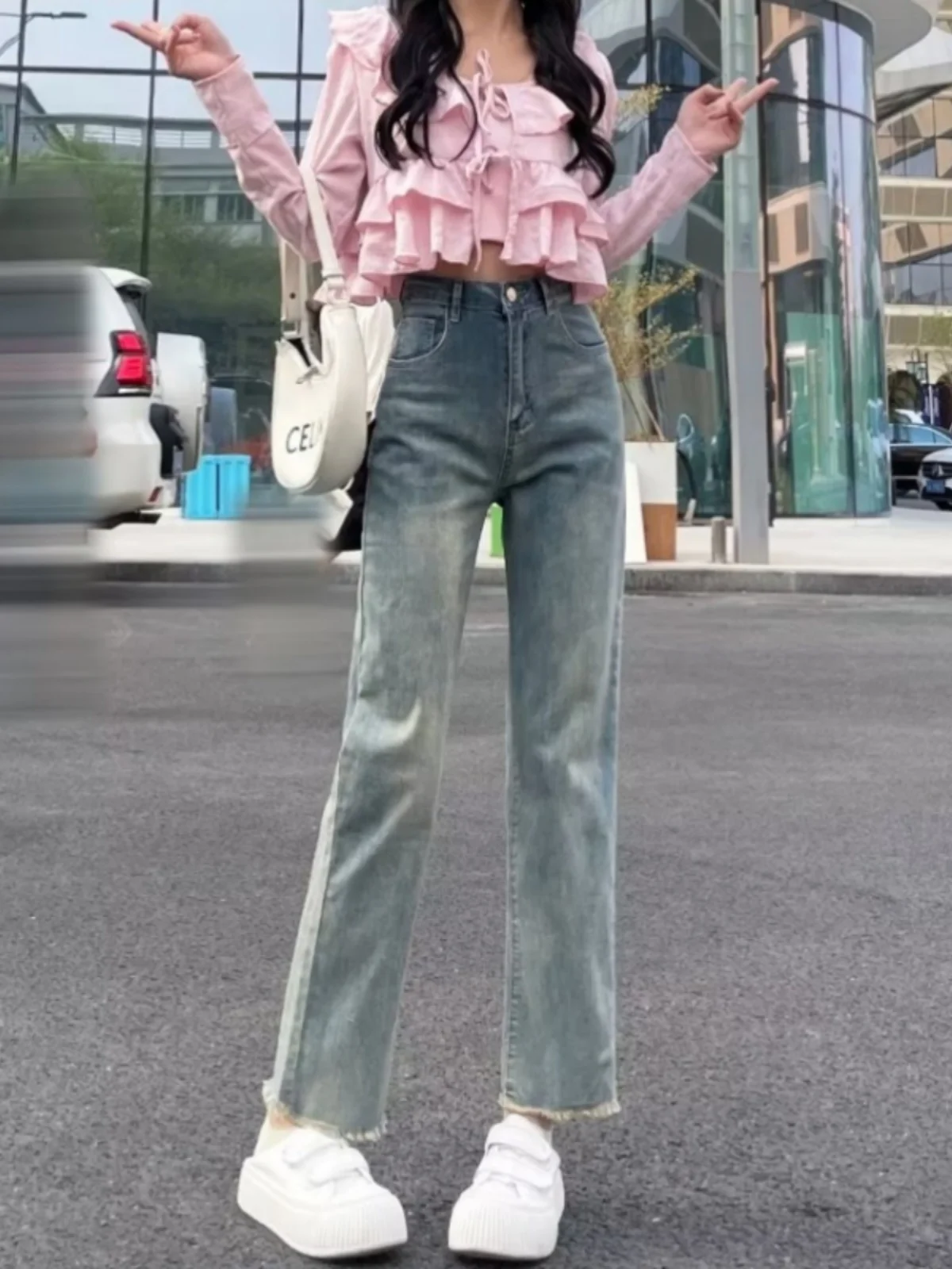 

Women's High Waist Straight Leg Vintage Jeans Elastic Frayed Korean Sle Nine Point Pants Casual Cotton Stretch Denim