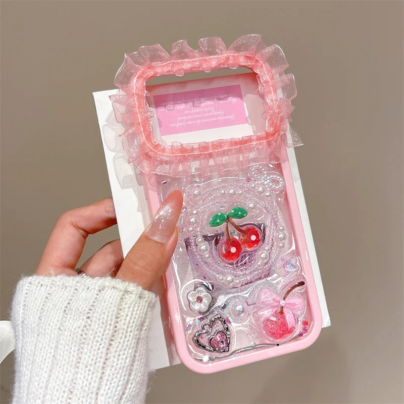 

Korean Cute 3D Pink Fruits Flowers lace edge Phone Case For iPhone 17 16 15 14 13 Pro Max 16 Plus Shockproof Clear Cover girl