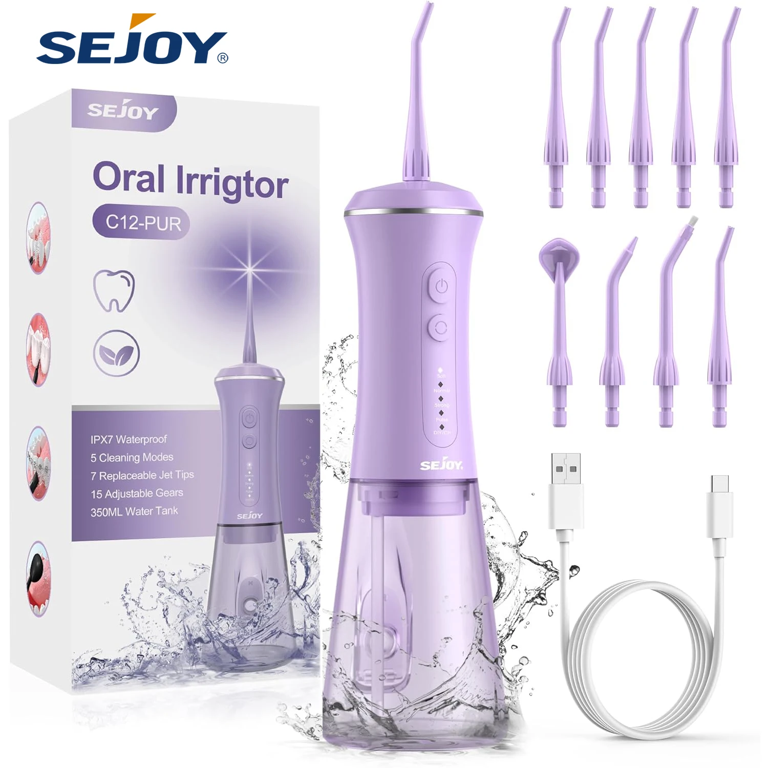 SEJOY Dental Oral Irrigator USB Rechargeable Teeth Cleaner Portable Dental Water Flosser 5 Modes IPX7 Mouth Washing Machine 350m