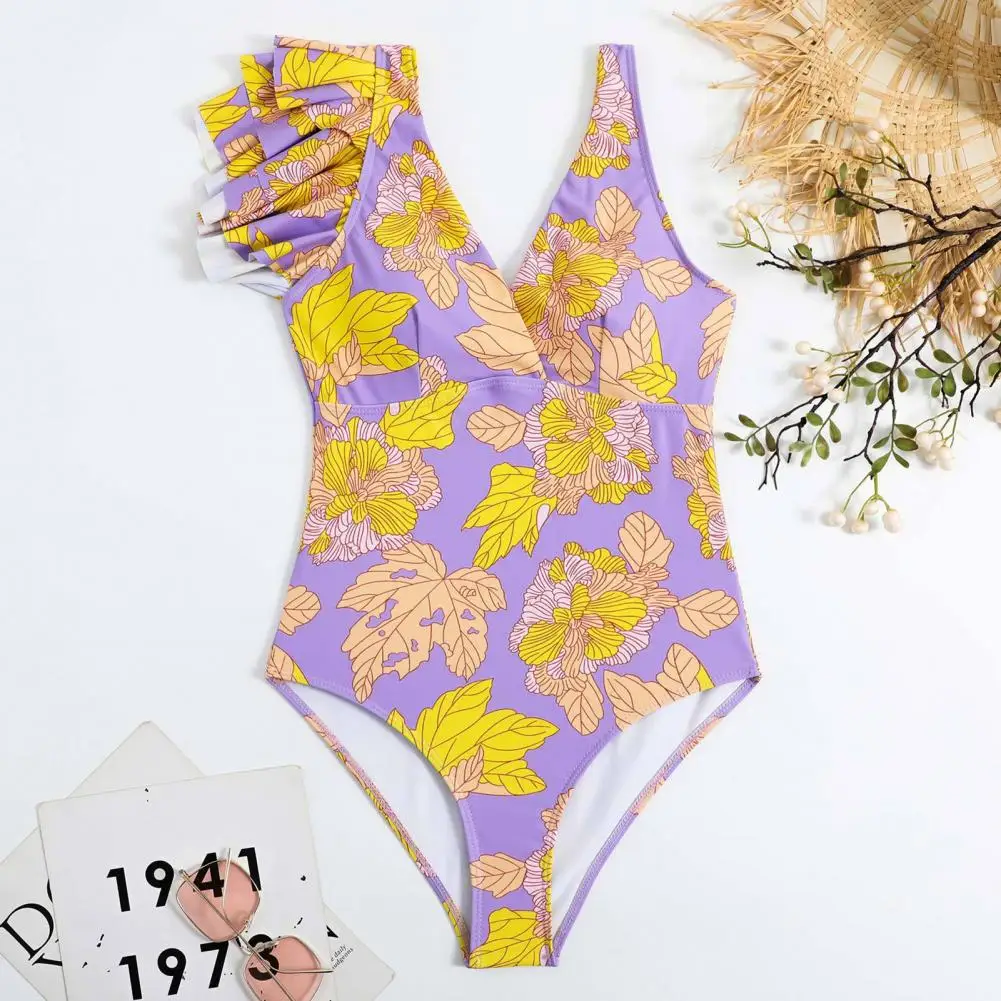 Conjunto de maiô estampado floral com babados de um ombro para meninas, swimwear sexy, peça única, micro monokini, moda praia, roxo, verão