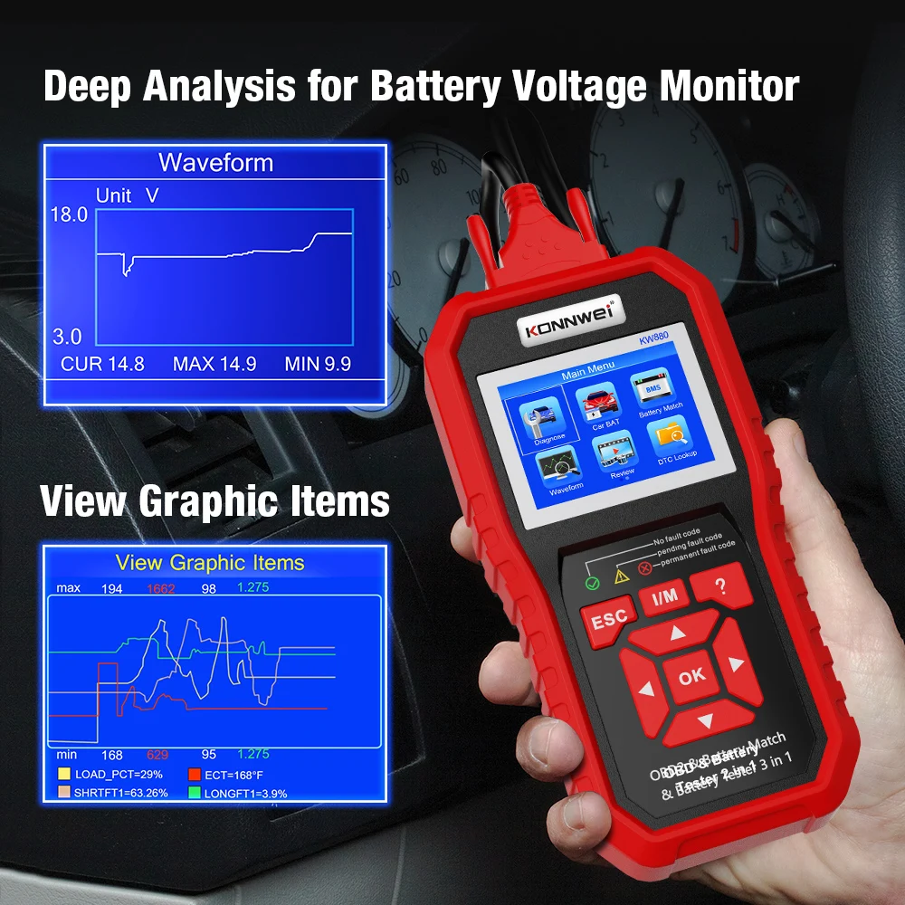 KONNWEI KW880 12V Car Battery Tester Analizer Auto Diagnostic Tool Battery Match 3 in 1 Car OBD2 Scanner Full OBD2 Function