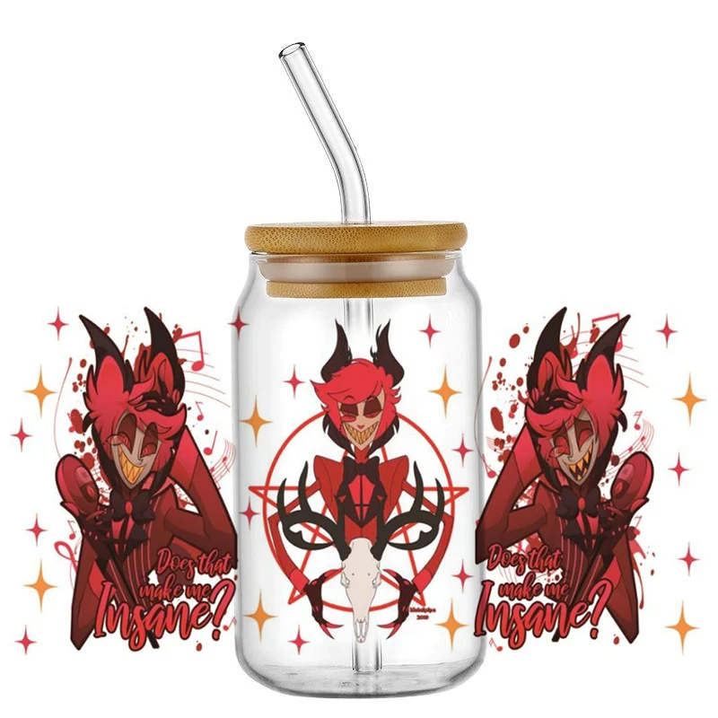 جديد فندق Hazbin نمط Uv Dtf كأس التفاف نقل ملصقات ثلاثية الأبعاد تسميات شعار ل 16 أوقية بهلوان الزجاج يمكن ذاتية اللصق مقاوم للماء