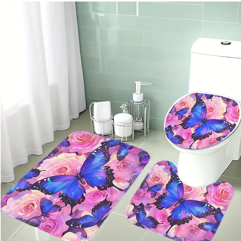 

3pcs Plush Bath and Toilet Cover Compatible for Toilets - Soft Pink & Deep Blue-Purple Bath Mat, U-Shaped Toilet Lid, Non-Slip