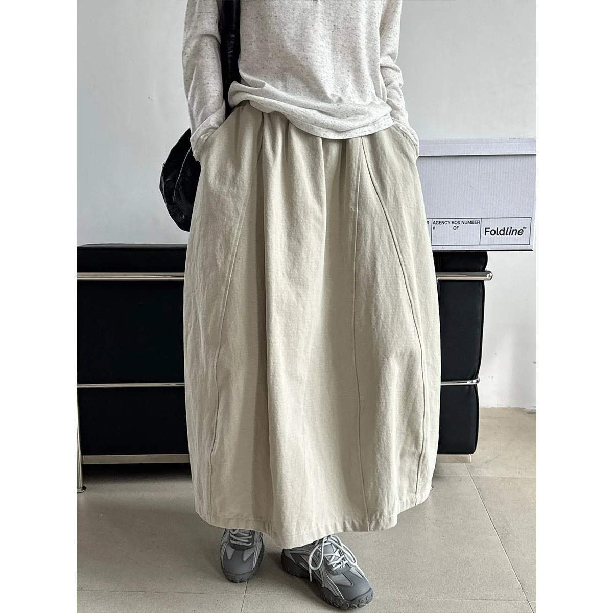 

SuperAen Japan Style Vintage Solid Color Spliced Elastic Waist Casual Skirt 2025 Spring New Loose Cotton Long A-line Skirts