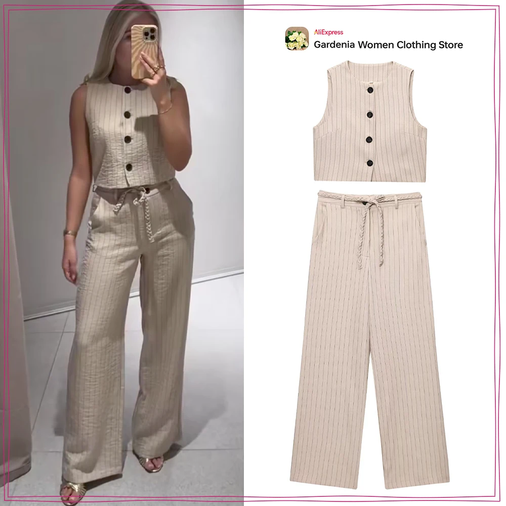 Elegant Women Commuter Style Co-ord Set Summer Striped Pant Sets Striped Cropped Vest and Tonal Wide Leg Pants with Braided Belt