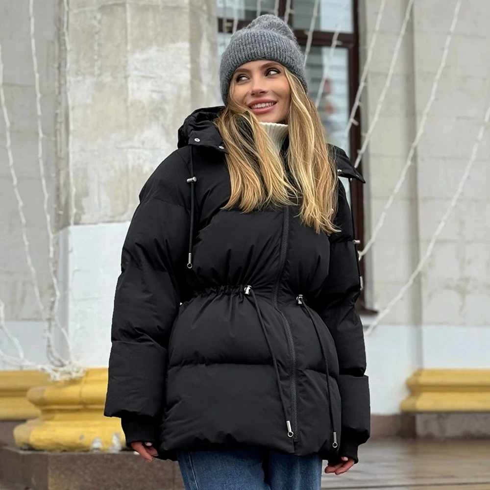 2025 New Winter Women Hooded Parkas Mid Length Cotton Padded Jacket Drawstring Waist Slimming Outerwear