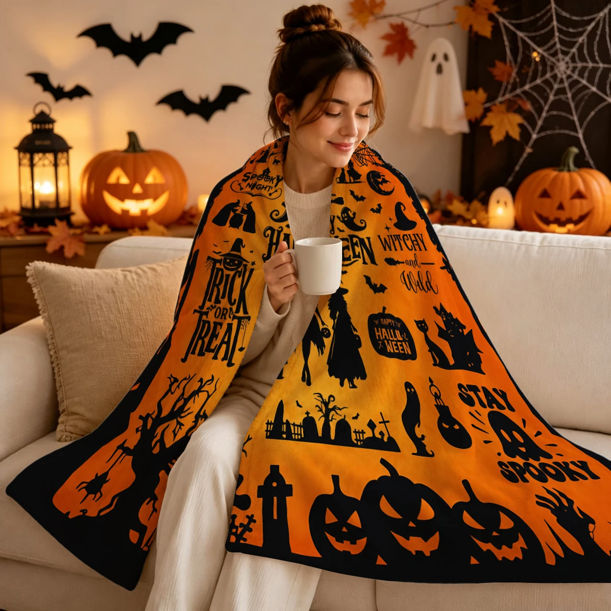 Printed polyester Halloween blanket close-up