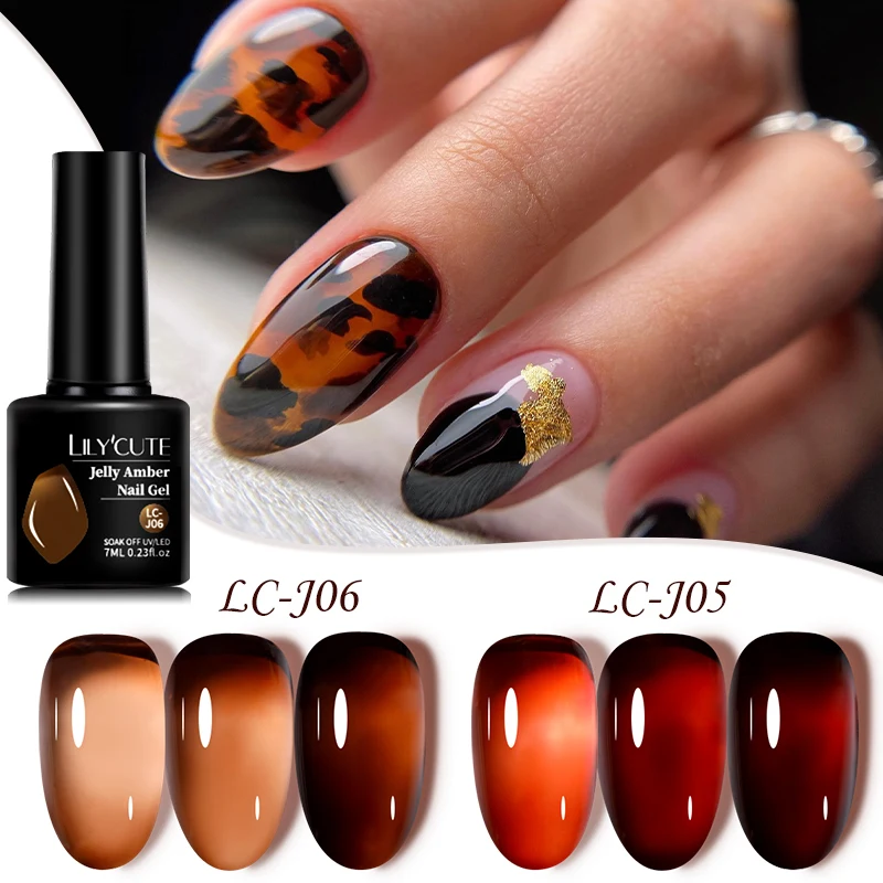 LILYCUTE 7ML Gel Âmbar Marrom Translúcido para Unhas, Esmalte em Gel Cristal Vermelho, Gel UV Permanente para Nail Art