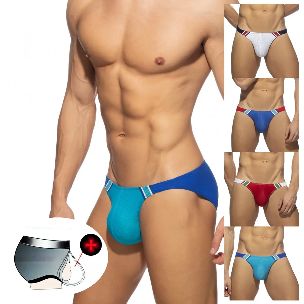 2025 New Men's Swim briefs Color-blocked Mesh Bikini Swim Bottoms Sexy Low Waist Cup Swim Trunks Beach Shorts Dropship