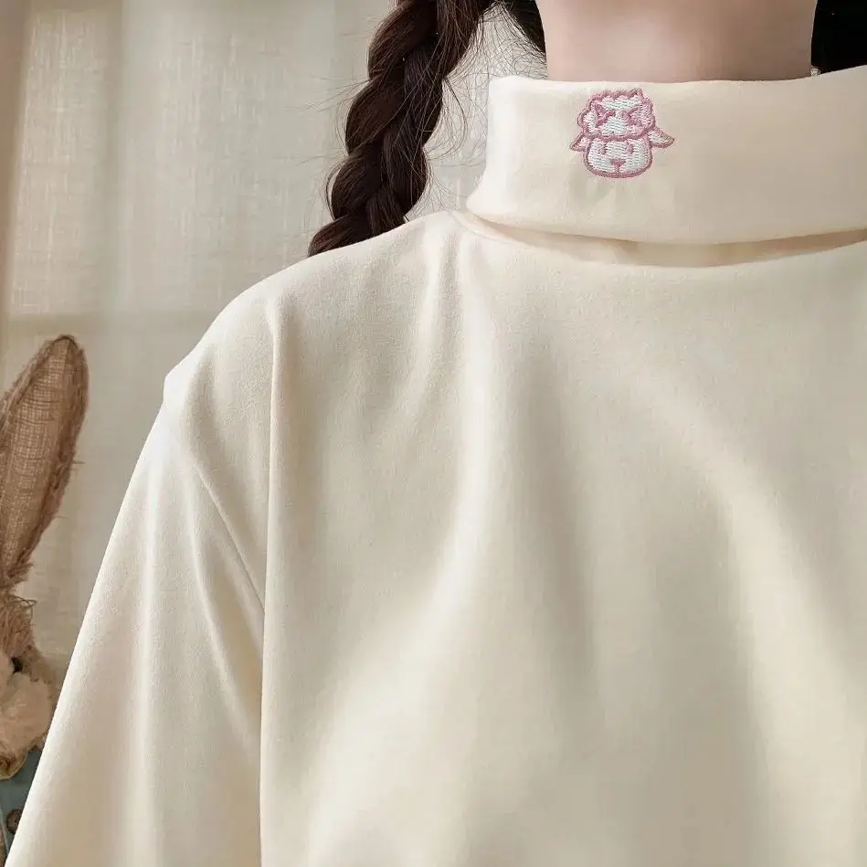 Thickened Fleece High Collar Long Sleeve Women's T-shirt Embroidered Sheep Warm Base Layer Top Korean Style Loose Fit