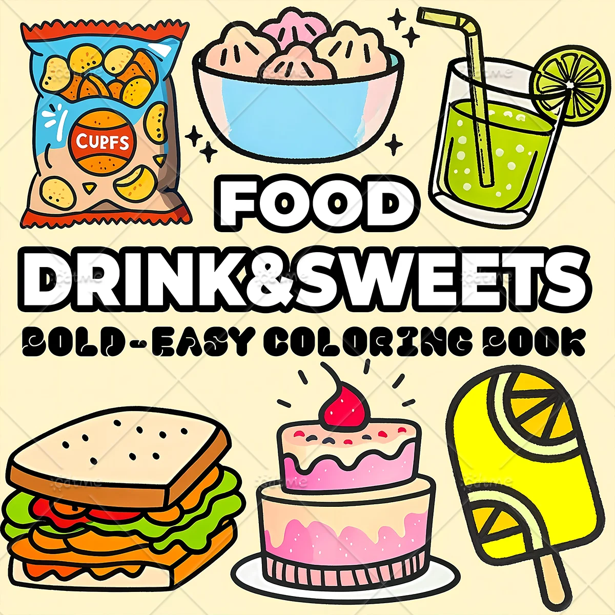 Food And Snacks Coloring Book Bold And Easy - Libro de Colorear de Comida, Bebidas