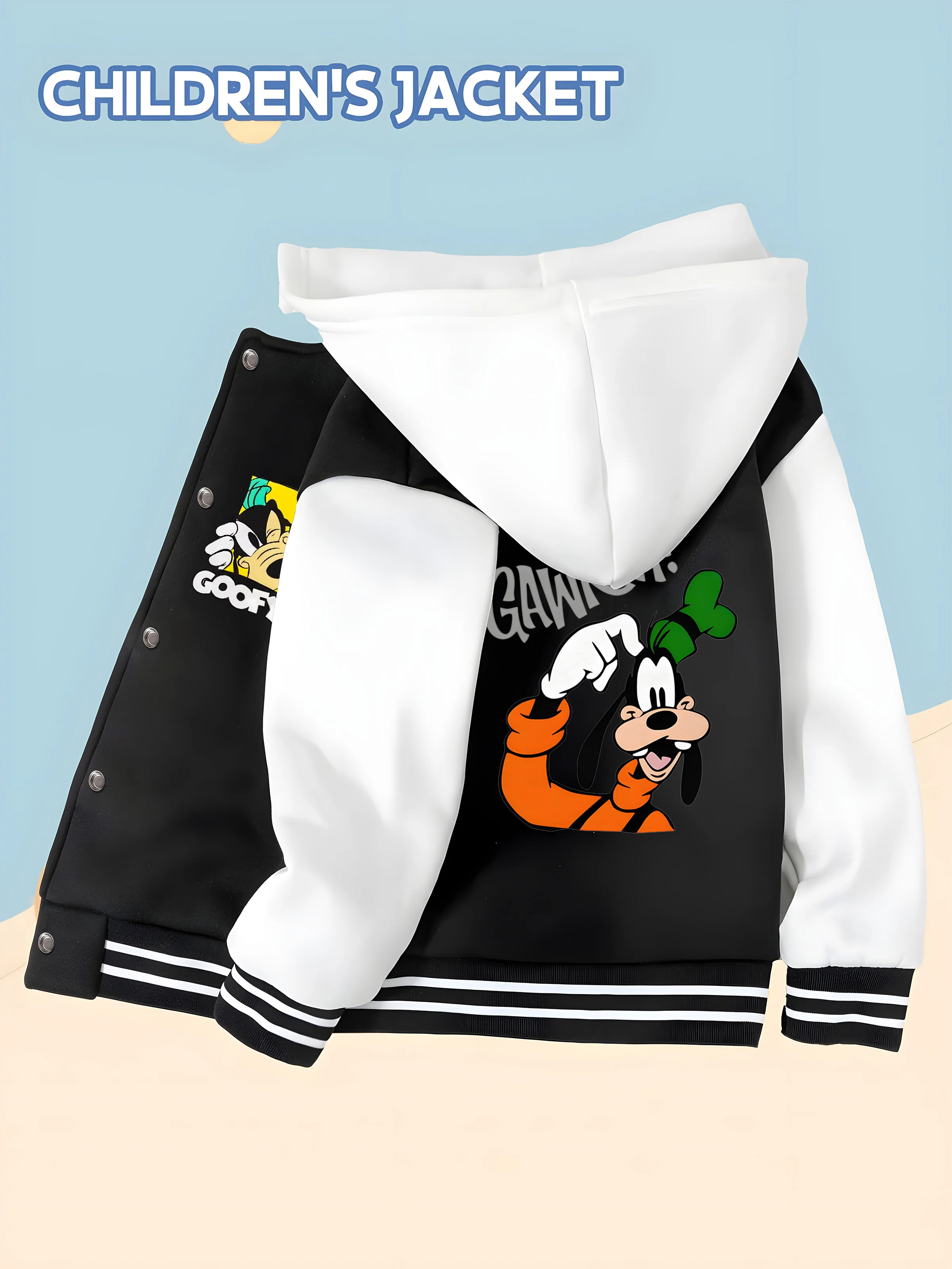 

MINISO Disney Goofy Kids Baseball Jacket - "GAWRSH!" Funny slogan + cartoon trendy double-sided print, perfect for going out