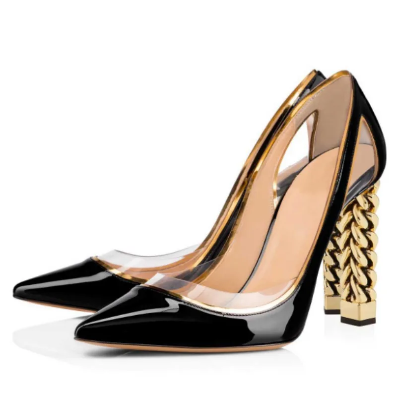 DIZHUANG كعب عالٍ نسائي عصري. حذاء فردي من الجلد الأسود. ارتفاع الكعب حوالي 11 سم. أحذية مدببة. حذاء كعب مربع. #2