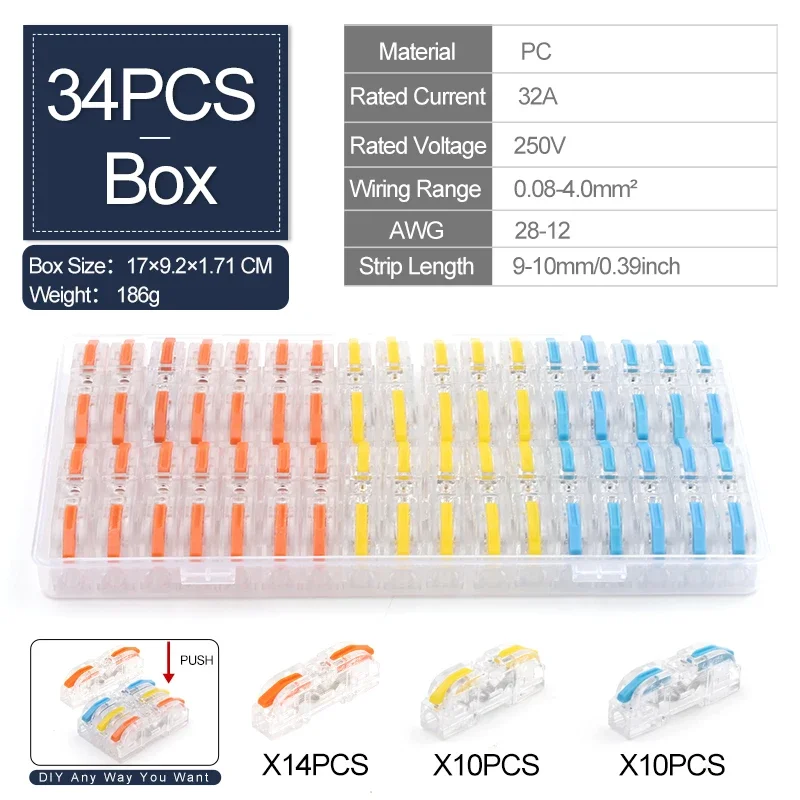 34PCS Boxed Lever Quick Home Draadconnectoren Terminals Dirigent Spliceable Butt Bedradingsblok Herbruikbare elektrische connectoren - afbeelding 1