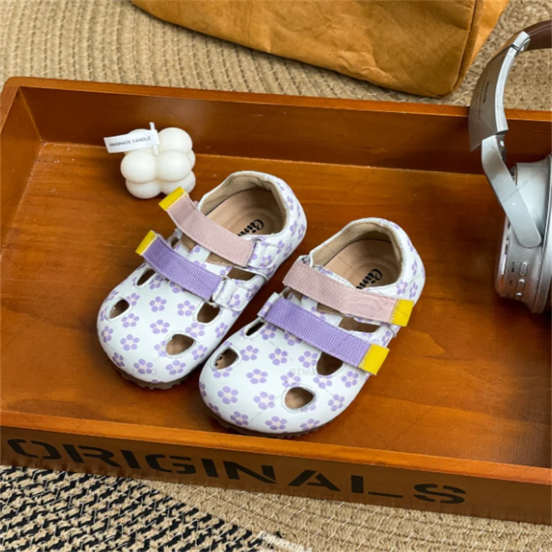 New Baby Shoes Leather Cut-outs Toddler Girls Barefoot Shoes Soft Sole Outdoor Tennis Fashion Little Kids Sandals 18-25