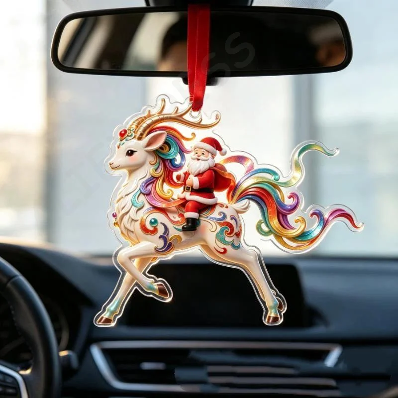 [G]Acrylic Christmas Car Mirror Decor Santa Riding Reindeer Lightweight Hanging Ornament Unique Xmas Gift for Boyfriend