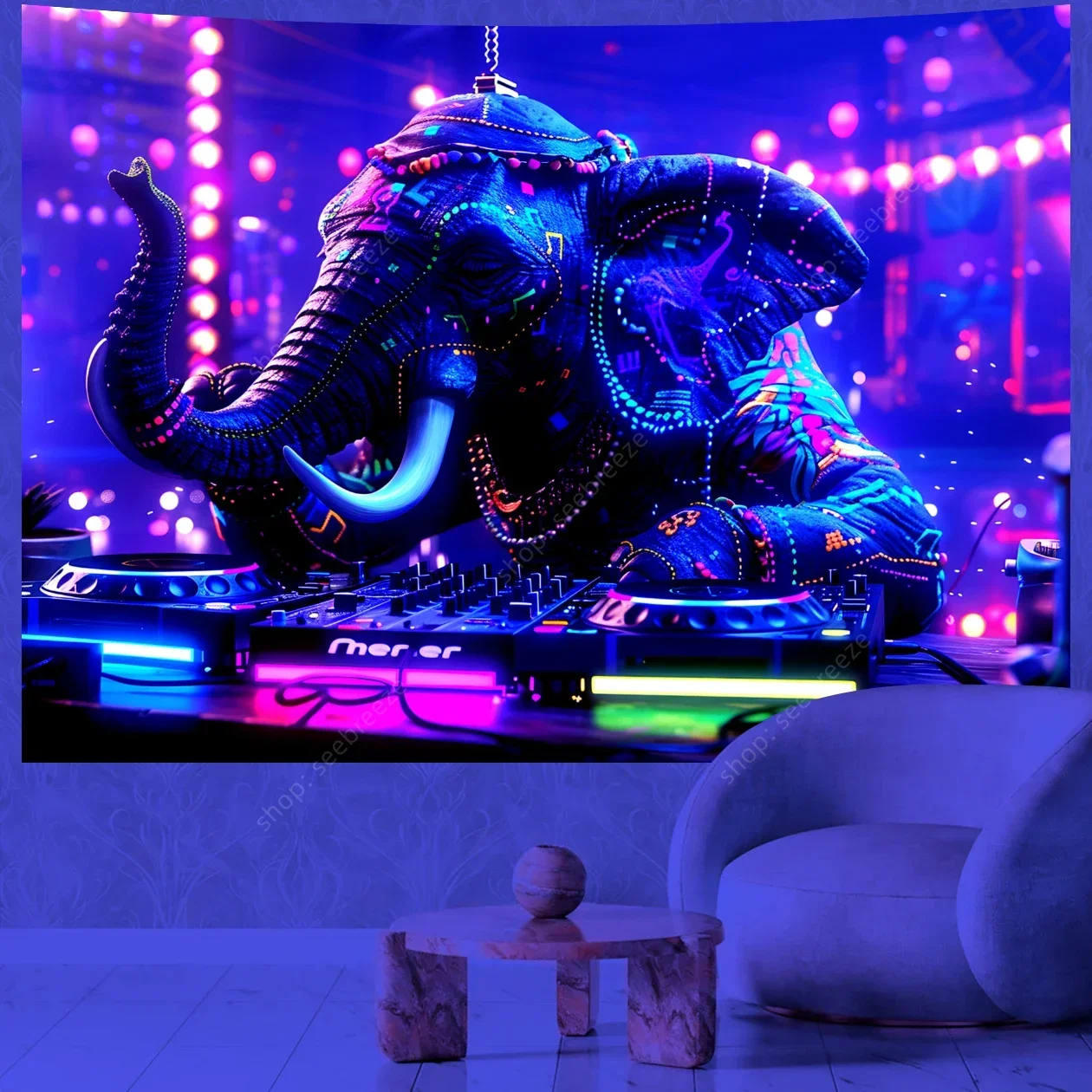 VIKAMA Cyber Neon DJ Wandteppich Elefant Löwe Thema Cyberpunk Hüfte Cooler Wandteppich Wohnzimmer Schlafzimmer Gaming Zimmer Heimdekoration