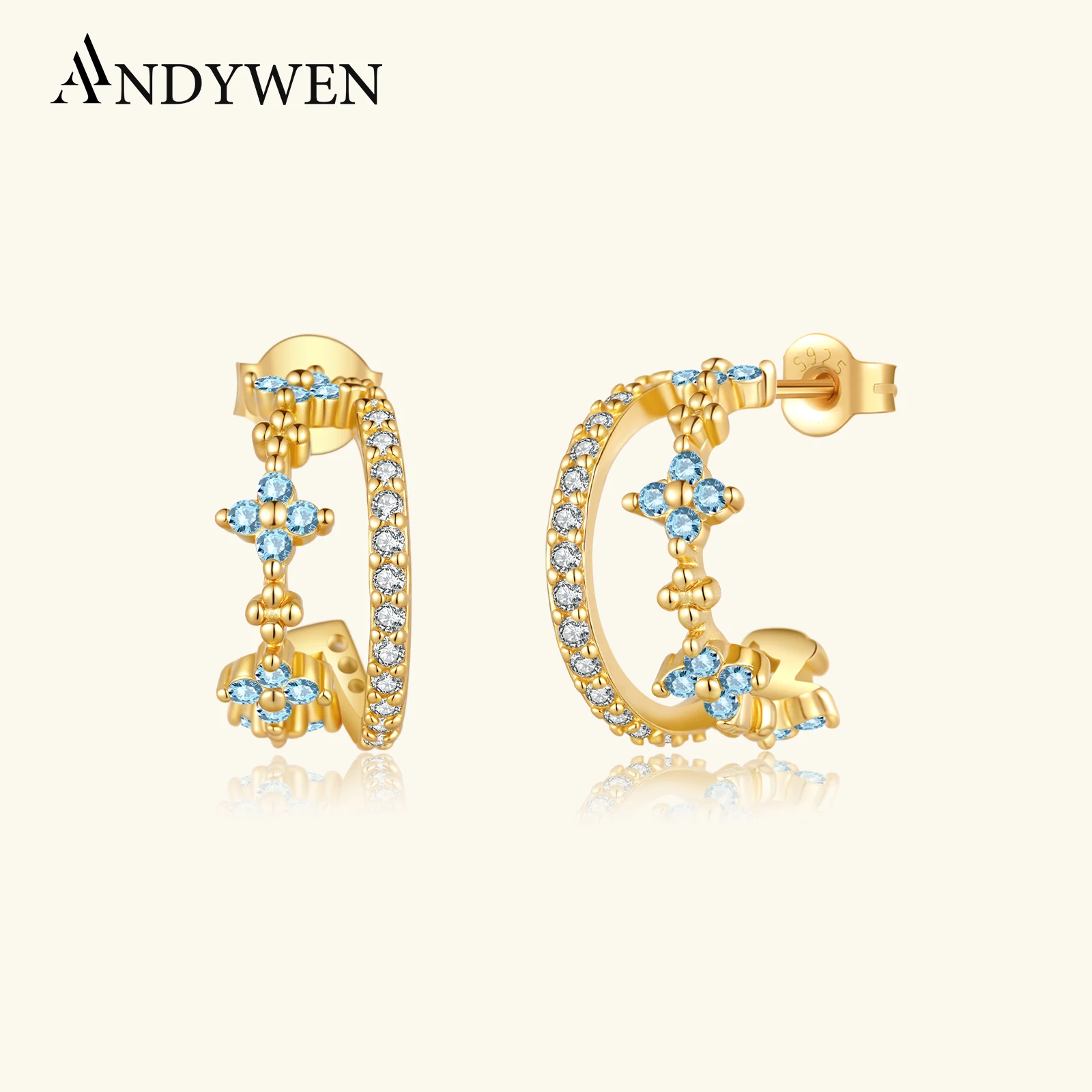 

ANDYWEN стерлингового серебра 925 пробы, двухлинейные звезды, светло-голубые серьги-кольца с цирконием и фианитом, женские роскошные изящные подарочные украшения для повседневного ношения