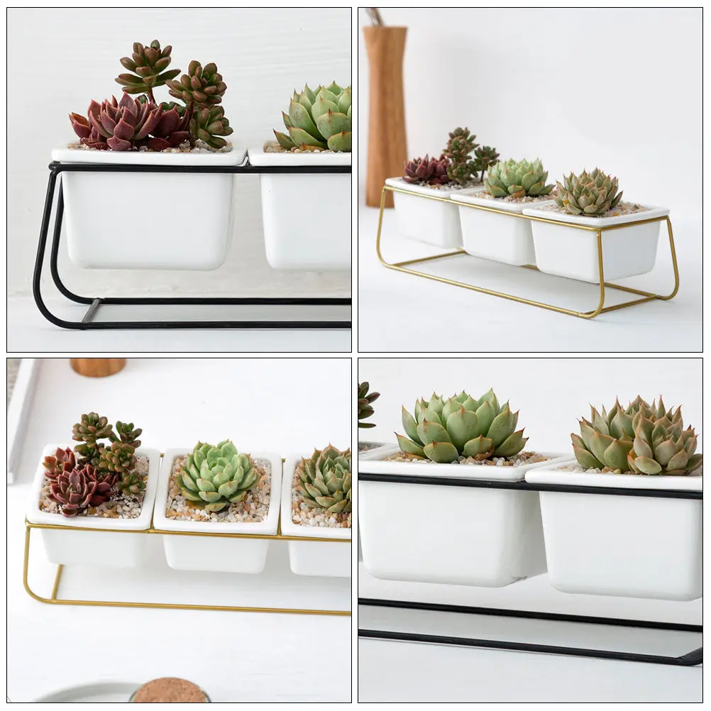 

1Set Ceramic Flowerpot Iron Rack Kit Creative Modern Succulent Planter for Desktop Window Garden Decoration Space Saving Design