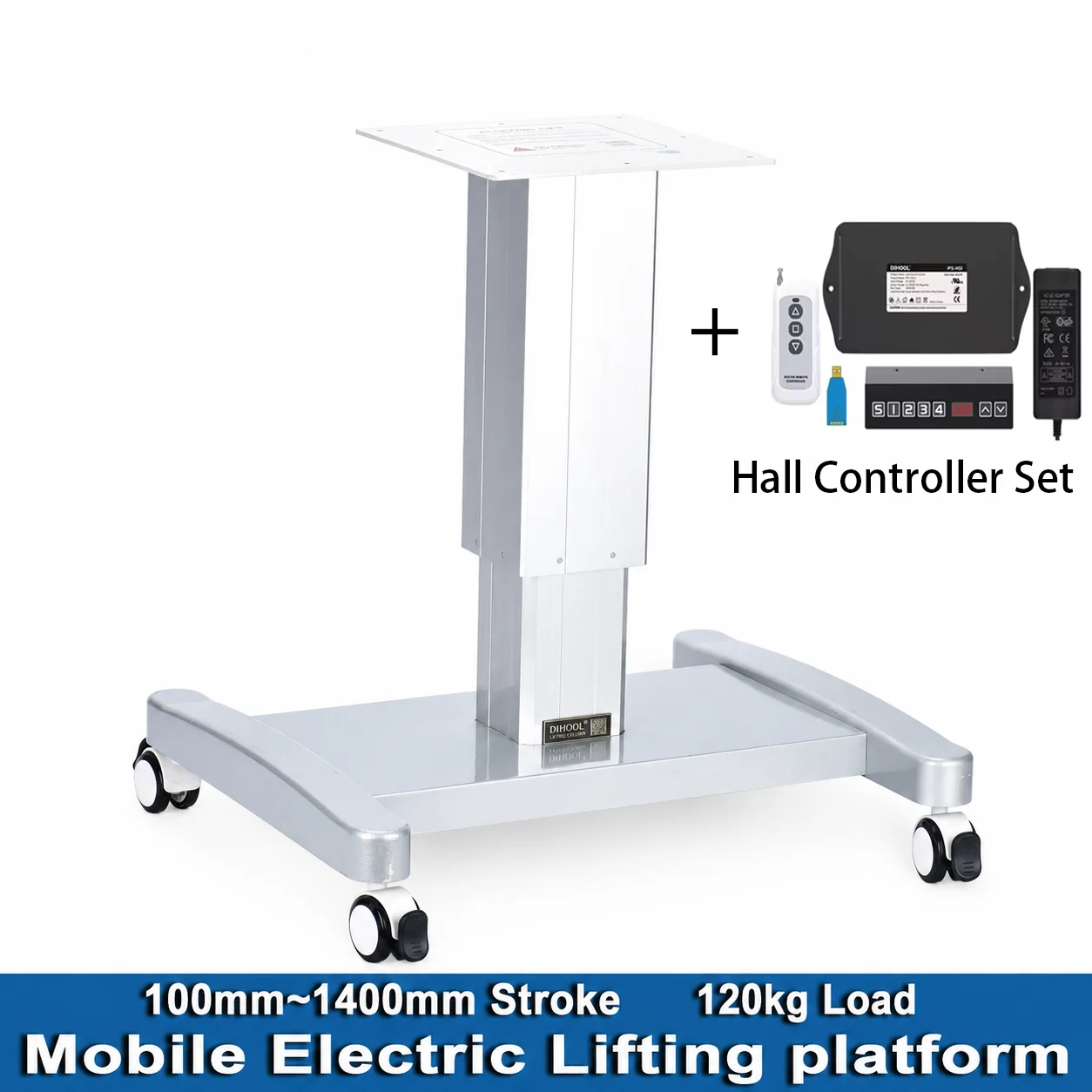 Remote Control DC24V mobile electric lifting table with Iron plate 100mm~1400mm stroke 120kg load movable telescopic platform