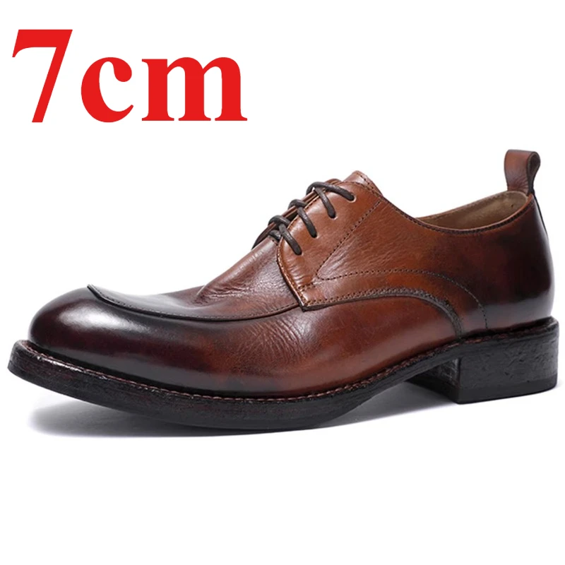 

British Retro Washed Cowhide Men's Dress Shoes 7cm Elevator Wedding Derby Shoes Breathable Comfortable Height Increasing Shoes