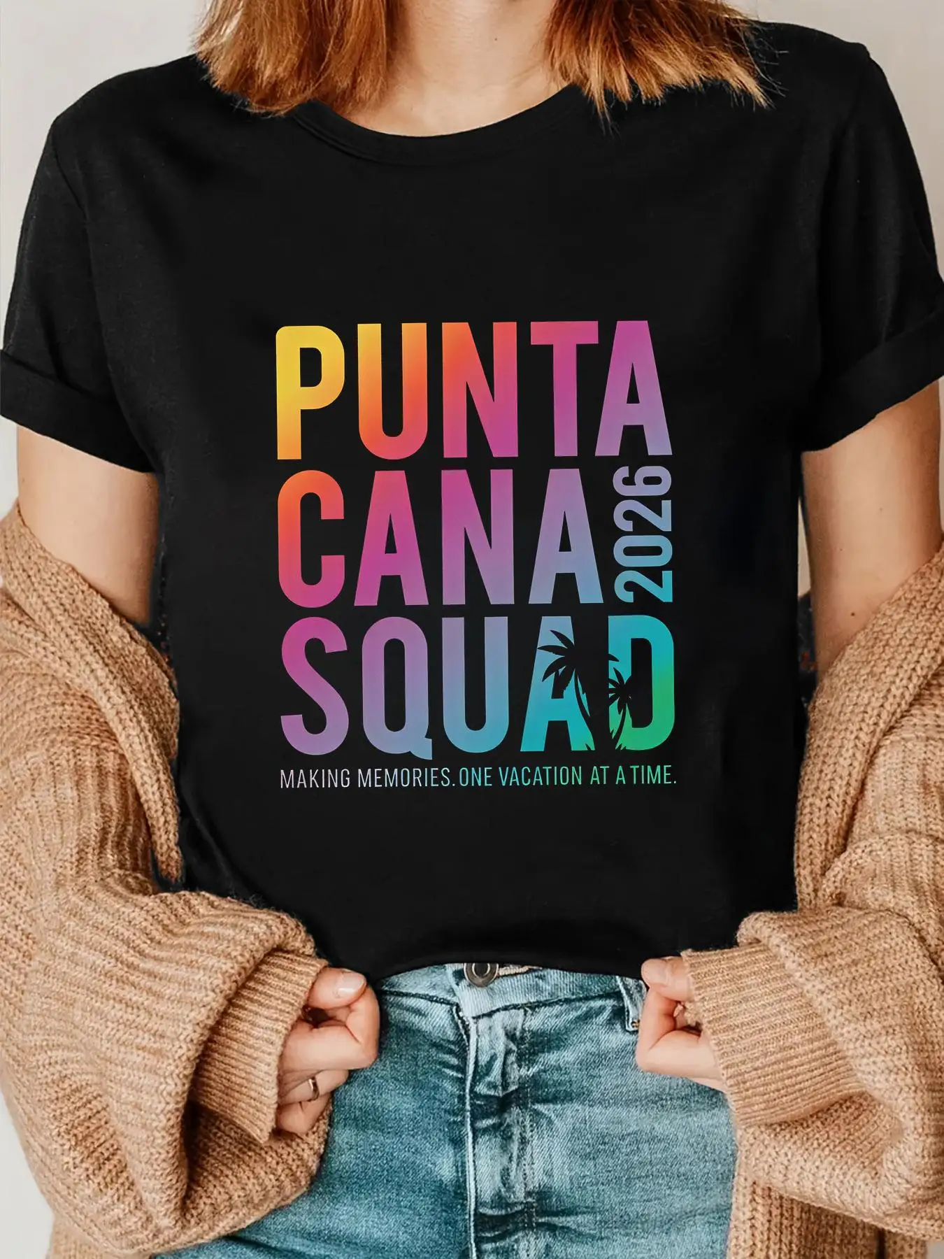 Camiseta de manga corta con estampado Punta Cana Squad 2026 para mujer, camiseta de vacaciones con el eslogan 'Making Memories One at a Time', camiseta básica para mujer, camiseta de cuello redondo, manga corta, tops informales de moda