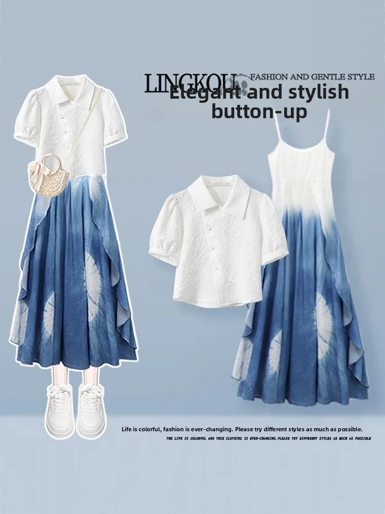 Faionable grande taille tenue d'été femmes nouveau chinois Sle bouton haut T-shirt rétro teint ter Dr deux pièces ensemble