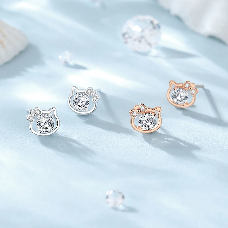 Bow Kitty Earrings Zircons 925 Sterling Silver Japanese Style TikTok Classic Cute Cat Fine Jewelry Sweet Party Gift For Girls