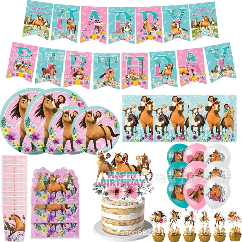 Spirit Horse Riding globos Feliz cumpleaños Banner Cake Topper Card dibujos animados bosque Animal mascota fiesta decoración bebé niña niño niños juguete