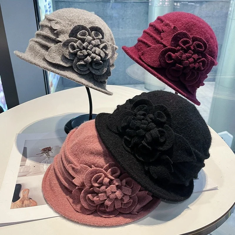 Women's Warm Wool “Mom” Beanie with Short Brim—Stylish Winter Hat for Middle-Aged and Elderly Women, Wool Felt Hat
