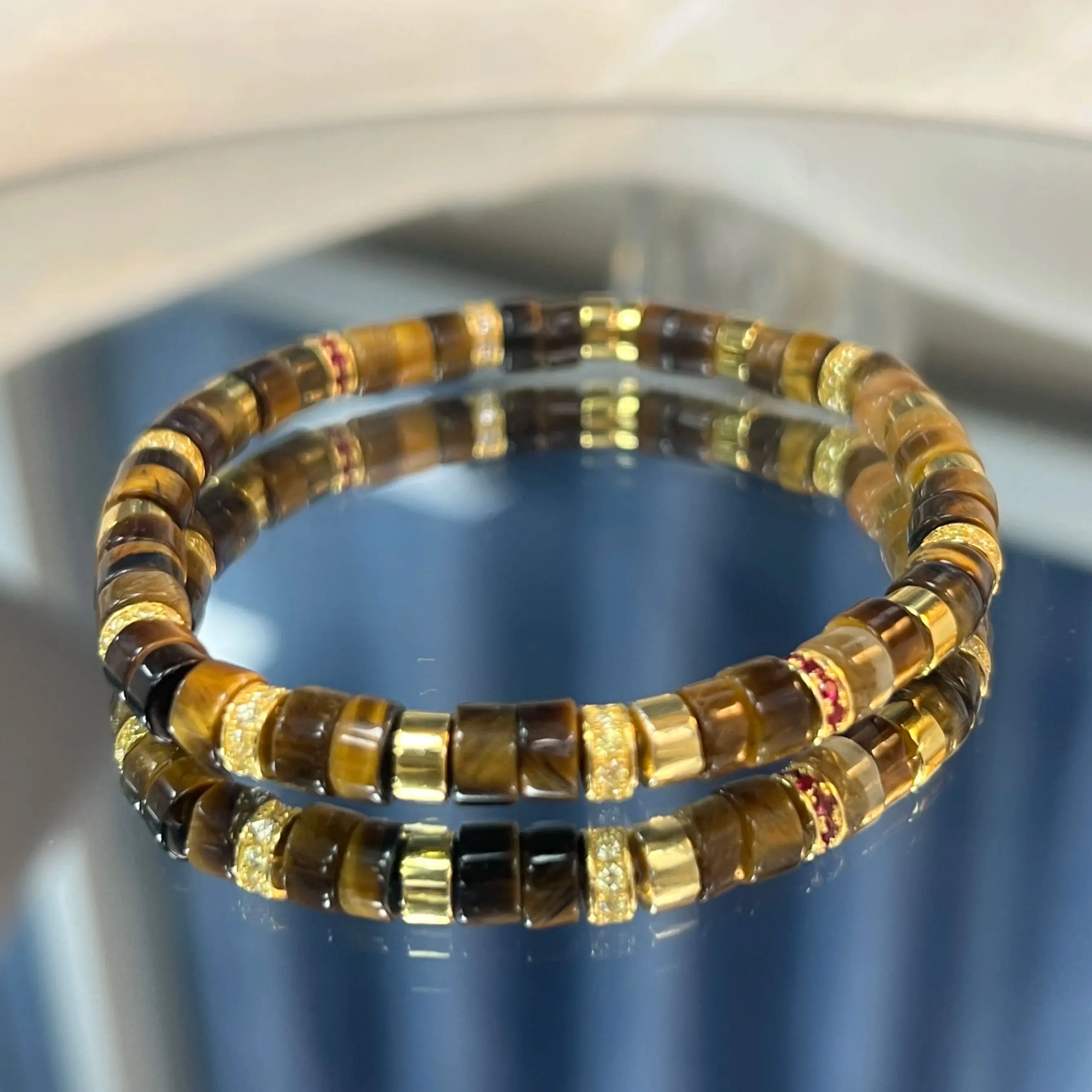 Natural yellow tiger's eye bracelet with s925 silver and diamond single ring for men and women, straight cut pill-shaped beads