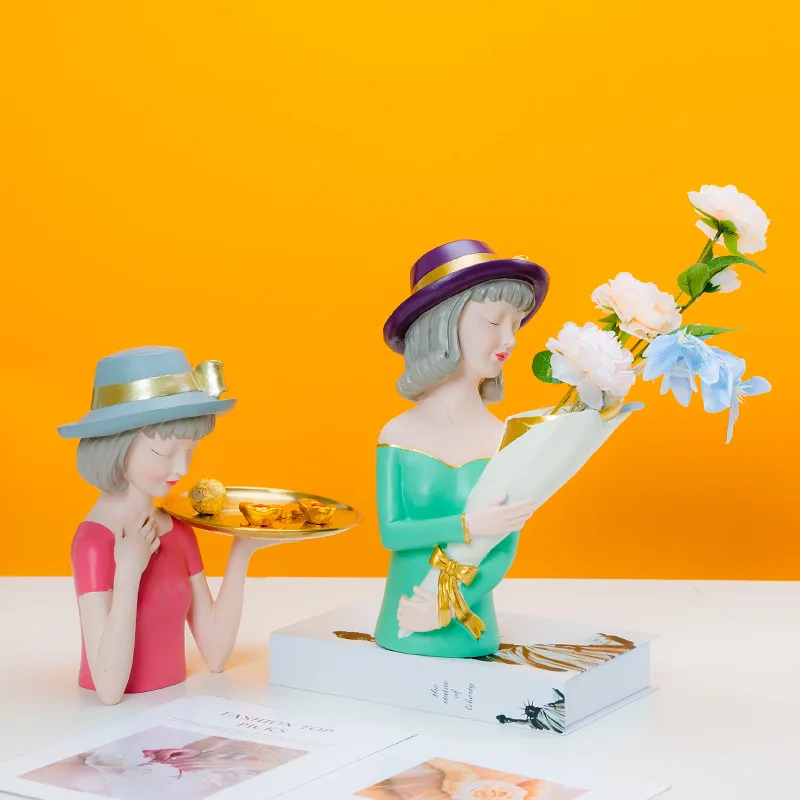 European Coffee Apple Flower Tube Tray Take Flower Girl Resin Ornaments Home Living Room Figurines Crafts Store Cafe Decoration