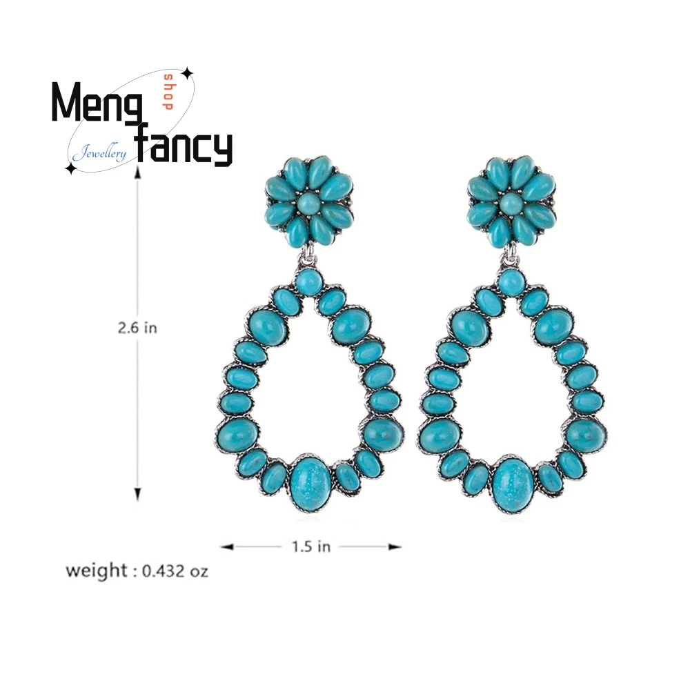 

New Retro Hollowed-Out Waterdrop Turquoise Earrings With Ethnic Style Fake Earrings And Accessories Fashion Jewelry Exquisite