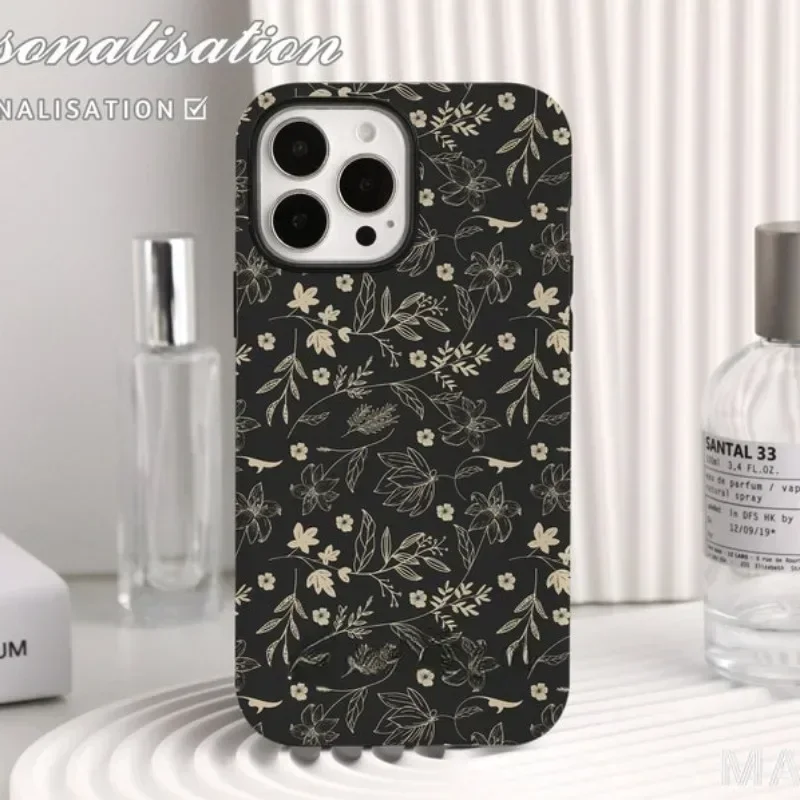 Black Pressed Flowers  Phone Case For IPHONE 16 15PRO MAX 14 13 12 11 Acrylic TPU Two in one magnetic Mobile Phone Cases