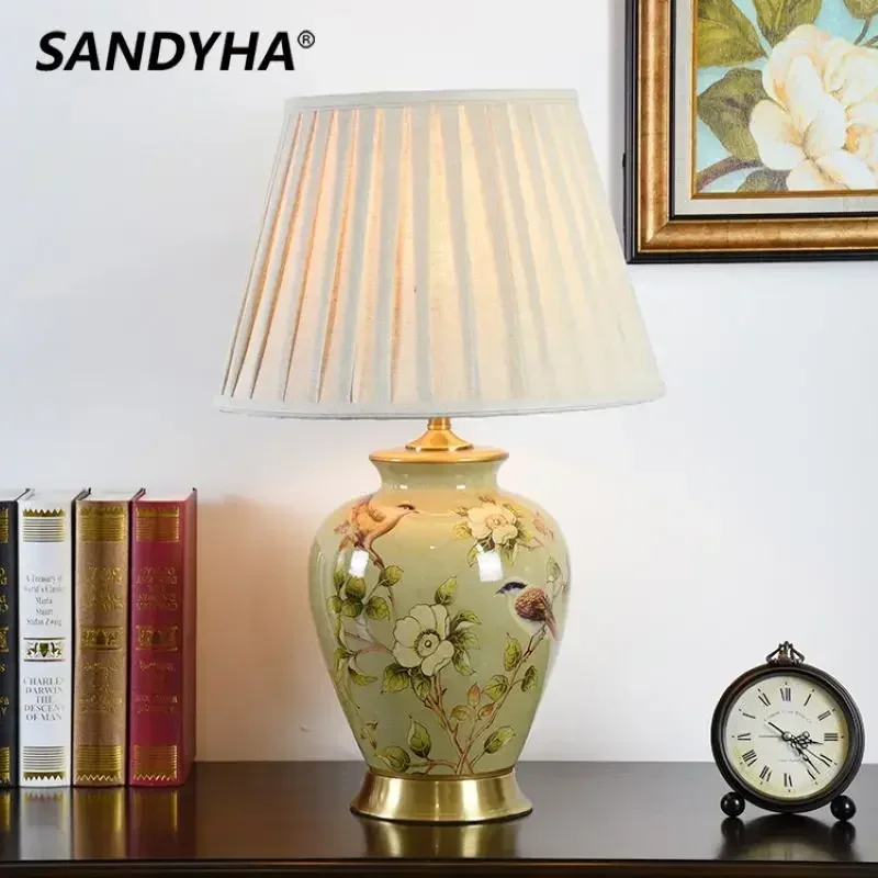 Nordic Home Decor Ceramic Led Table Lamp Flowers Birds Pattern Fabric Desk Lights for Living Room Sofa Bedroom Lighting Fixtures