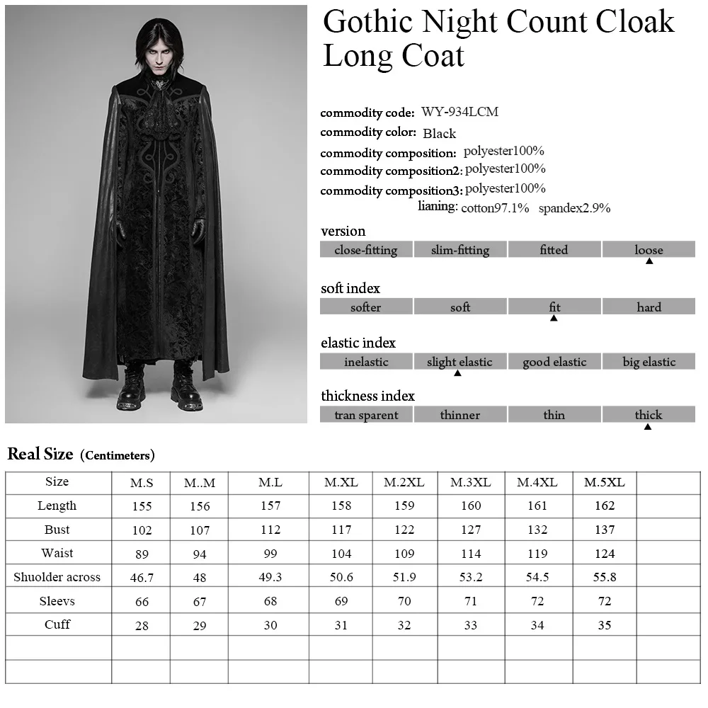 PUNK RAVE Gothic Night Count Cloak Men Clothes Halloween Party Christmas Long Coat Embossed Velvet Jacket Outwear