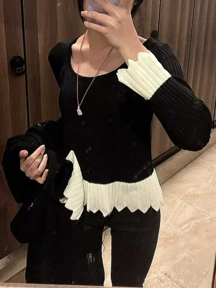Irregular Sweaters Women Korean Style Side-slit Knitwear Fashion Ruffles Cozy Fall Winter Retro Patchwork Lady Elegant Aesthetic