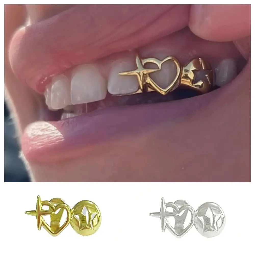 18K Gold-Plated Teeth Grillz Open Face Design Extra Molding Bars Gold Tooth Cap Reusable Hollow Out Heart