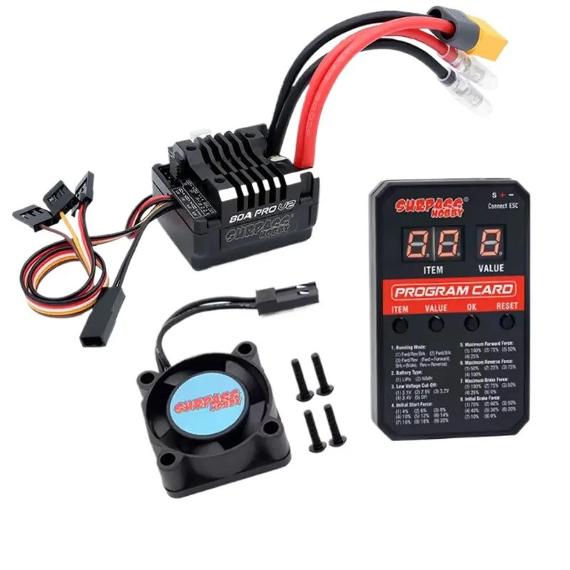

Surpass Hobby 80A Pro V2 Матовый ESC Водонепроницаемый с вентилятором и программной картой, 6,0-8,4 В BEC для 1/10 RC Гусеничный грузовик Автомобиль