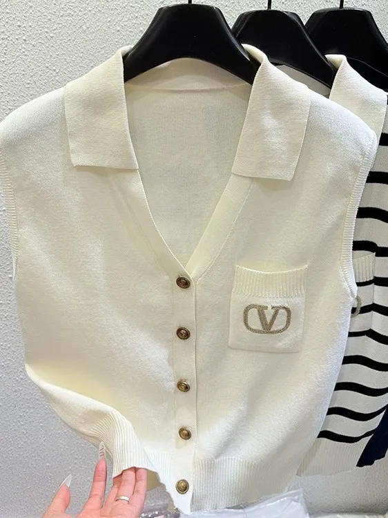 Atasan Rajut Wanita Slim Fit Musim Panas 2025, Tipis, Serbaguna, Desain Korea, Kasual, Bahan Sutra Es