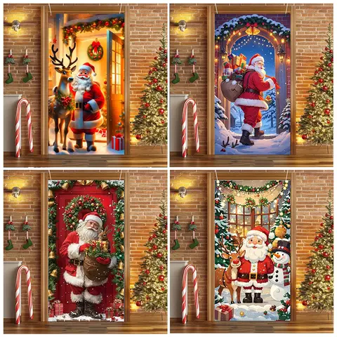 Santa Claus Door Cover Backdrop Indoor Outdoor Porch Reindeer Christmas Background Supplies Xmas Party Decoration Photo Studio
