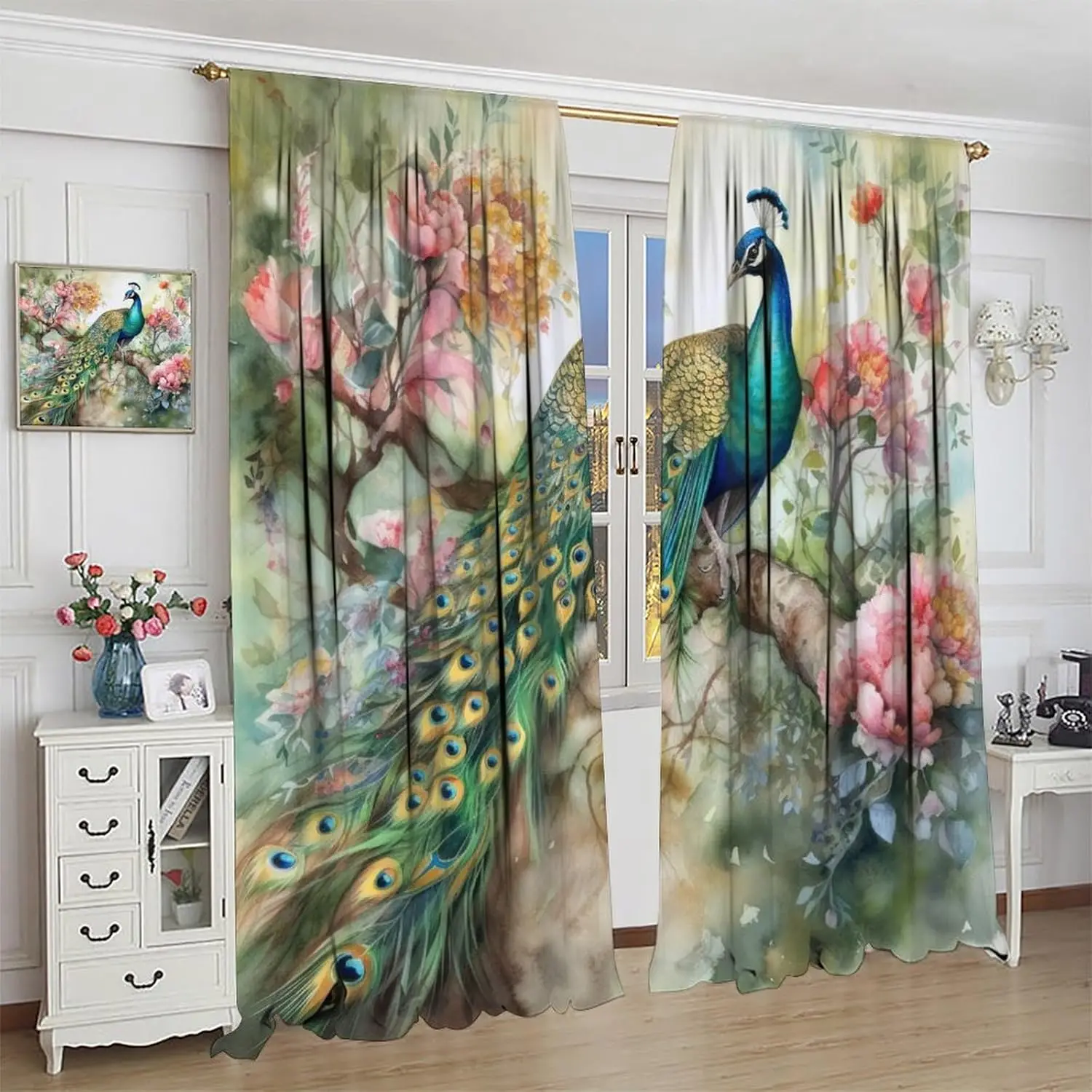 

Шторы с павлинами, винтажный акварельный стиль, цветочные узоры, красивые панно с павлинами, на кулиске, 2 панели, для детской комнаты, кафе