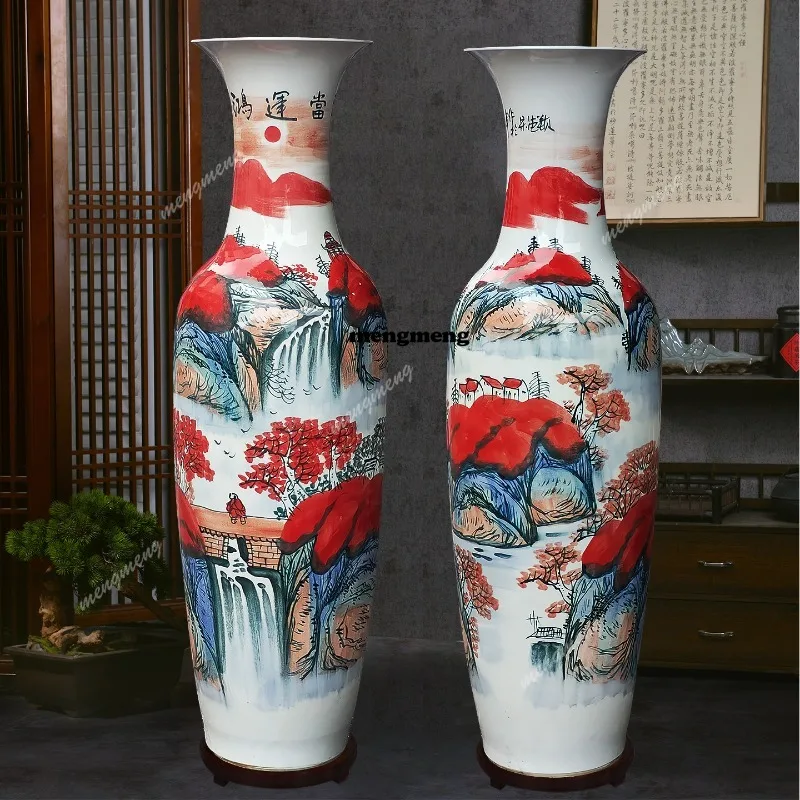 

Jingdezhen ceramic floor-to-ceiling large vase hand-painted Hongyun Dangtou Hotel Company decorative ornament