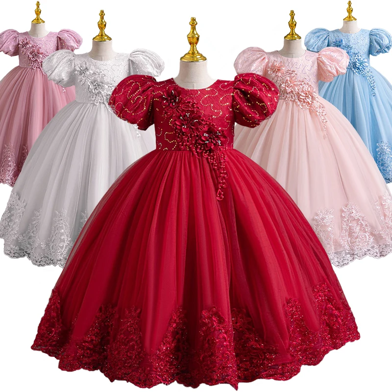 

Pageant Girl Embroidered Lace 3D Flower Elegant Party Dresses Formal Children's Luxury Wedding Bridesmaids Ceremonial Costume