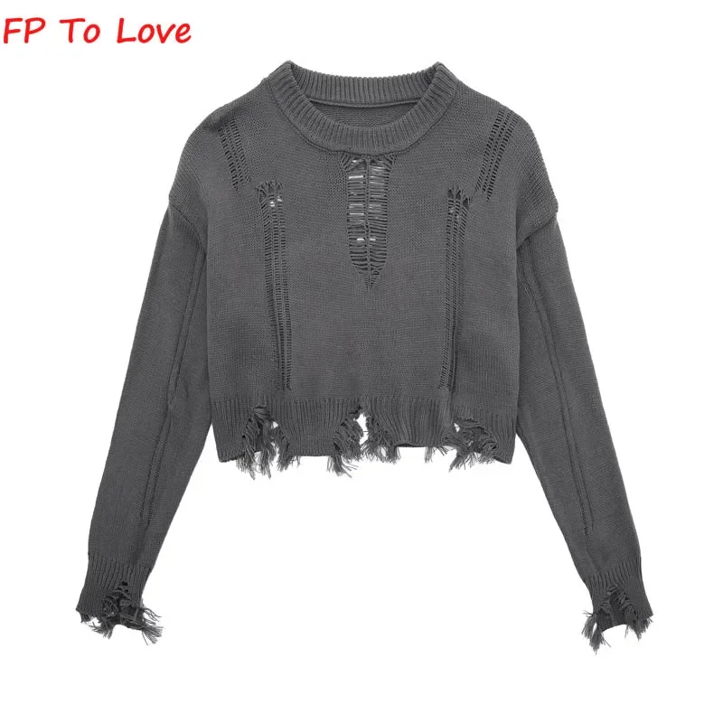 OOTD Tassel Hollow Out Sweater Pullover Beige Woman Knitted Outwears Elegant Grey Female Brown White PB&ZA