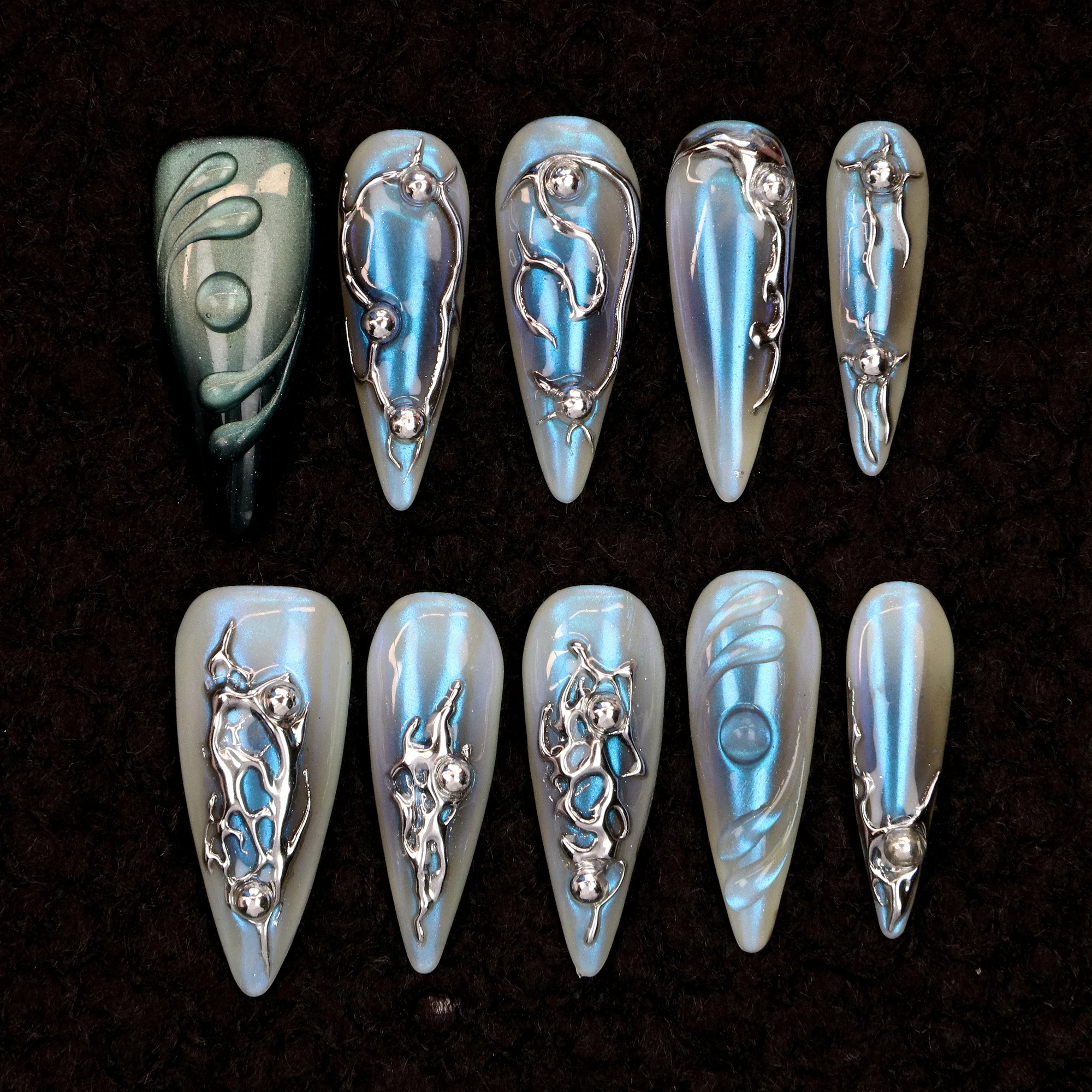 

10Pcs Gothic Long Stiletto Press On Nails,Dark Glam Custom 3D Metallic Silver and Blue Nail Art,Y2K Punk Rock Fake Goth nails