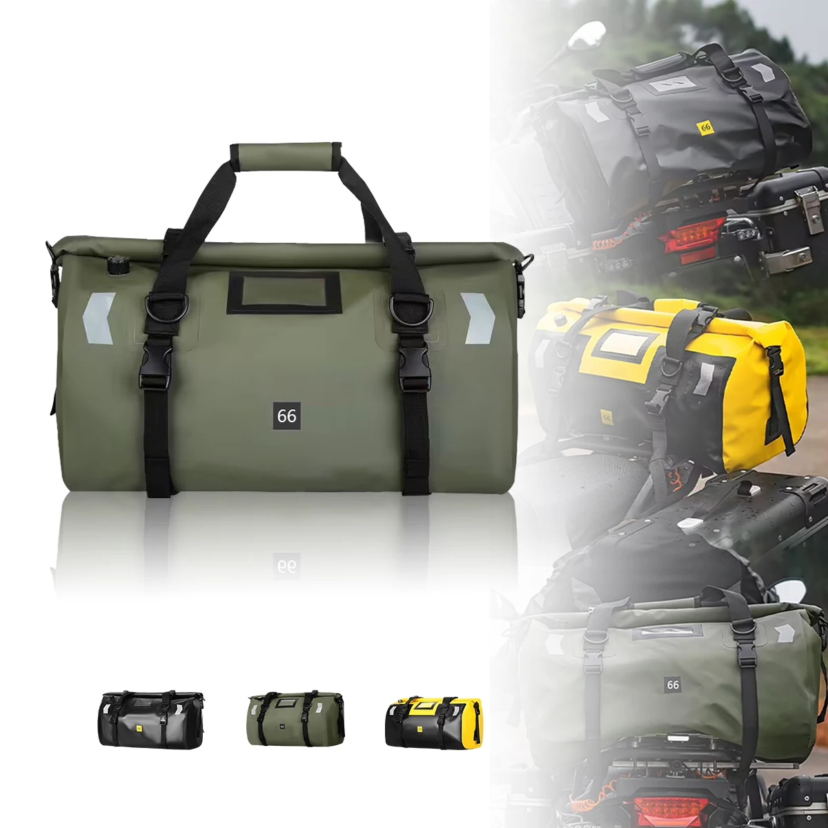 

Motorcycle Dry Bag Waterproof Reflective Tail Duffle Bag 40/66L Touring Biker Tail Bag Night Reflective